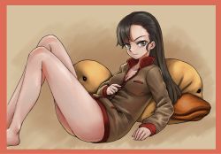 Rule 34 | 10s, 1girl, abazu-red, alternate costume, aomushi (mushamusha), ass, asymmetrical bangs, bird, blush, border, breasts, brown background, brown eyes, brown hair, brown jacket, cleavage, closed mouth, commentary, duck, female focus, girls und panzer, highres, jacket, long hair, long sleeves, looking at viewer, lying, medium breasts, nishi kinuyo, no pants, on back, pillow, red border, smile, solo, track jacket, unzipping