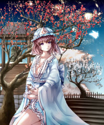Rule 34 | 1girl, adapted costume, animal, bad id, bad pixiv id, bell, blooming, blue sky, breasts, bug, butterfly, cat, cherry blossoms, cleavage, cloud, collarbone, day, expressionless, female focus, fence, floral print, frilled kimono, frills, galaxy, glowing, glowing butterfly, hat, highres, hir02, holding, holding animal, bug, japanese clothes, kimono, kitten, kneeling, large breasts, long sleeves, looking to the side, looking up, mob cap, obi, parted lips, pink hair, planet, plant, purple eyes, ribbon-trimmed collar, ribbon trim, saigyouji yuyuko, sash, short hair, short kimono, sky, solo, stairs, sunrise, thighs, touhou, tree, triangular headpiece, veil, wavy hair, wide sleeves