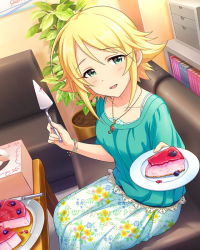 Rule 34 | 10s, 1girl, artist request, blonde hair, blush, book, bracelet, cake, card (medium), character name, collarbone, couch, floral print, food, fruit, green eyes, holding, idolmaster, idolmaster cinderella girls, jewelry, looking at viewer, official art, open mouth, pendant, plant, plate, short hair, smile, solo, table, umeki otoha