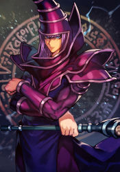 Rule 34 | 1boy, blue eyes, crossed arms, dark magician, duel monster, hat, hungry clicker, magic circle, muscular, muscular male, purple hair, serious, solo, staff, upper body, wizard hat, yu-gi-oh!