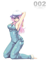 Rule 34 | 1girl, armpits, barefoot, baseball cap, breasts, covered erect nipples, feet, gradient hair, hat, huge breasts, large breasts, multicolored hair, naked overalls, original, overalls, paint, paint on clothes, paint on hat, pink hair, purple hair, sakurai unan, sideboob, solo