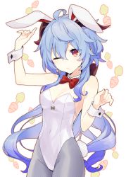 Rule 34 | 1girl, ahoge, alternate costume, animal ears, arm up, blue hair, blush, bow, bowtie, breasts, closed mouth, commentary request, detached collar, fake animal ears, fishnet pantyhose, fishnets, ganyu (genshin impact), genshin impact, grey pantyhose, hair between eyes, hand up, highres, leotard, long hair, medium breasts, memeno, one eye closed, pantyhose, playboy bunny, rabbit ears, red bow, red bowtie, red eyes, simple background, solo, strapless, strapless leotard, very long hair, white background, white leotard, wrist cuffs
