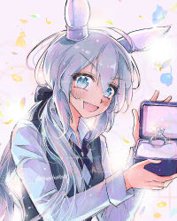 Rule 34 | 1girl, animal ears, blue bow, blue eyes, blue vest, blush, bow, box, breasts, cherrydeswa, collared shirt, commentary request, ear covers, falling petals, fang, flower, grey hair, hair between eyes, holding, holding box, horse ears, horse girl, jewelry, long hair, looking at viewer, open mouth, petals, ring, ring box, shirt, small breasts, smile, solo, tamamo cross (umamusume), twitter username, umamusume, vest, wedding ring, white shirt