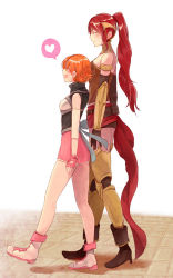 Rule 34 | 2girls, armor, bare shoulders, belt, blush, boots, breasts, closed eyes, closed mouth, elbow gloves, fingerless gloves, floor, forehead protector, from side, gloves, happy, heart, height difference, high heels, high ponytail, highres, large breasts, long hair, miniskirt, multiple girls, nora valkyrie, open mouth, orange hair, pink gloves, ponytail, pyrrha nikos, red hair, ribbon, rwby, shadow, shirt, shoes, short hair, skirt, sleeveless, sleeveless shirt, small breasts, smile, sora (efr), speech bubble, spiked hair, spoken heart, standing, tall, thighhighs, walking