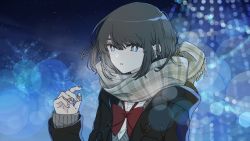 Rule 34 | 1girl, bandaid, bandaid on hand, blue eyes, blue menouu, bow, bright pupils, brown hair, commentary request, copyright request, hand up, highres, jacket, long hair, long sleeves, looking at viewer, night, night sky, outdoors, red bow, red neckwear, scarf, sky, solo, star (sky), starry sky, upper body, white pupils, winter clothes