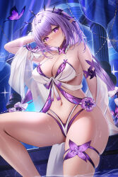 1girl bikini breasts bug butterfly castorice_(honkai:_star_rail) cleavage commentary_request highres honkai:_star_rail honkai_(series) insect large_breasts ling_dianxia long_hair looking_at_viewer navel paid_reward_available parted_lips partially_submerged pointy_ears purple_butterfly purple_eyes purple_hair sitting stomach swimsuit thighs wet white_bikini