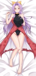 Rule 34 | 1girl, absurdres, bare shoulders, barefoot, blush, breasts, breasts apart, collarbone, commentary request, commission, dakimakura (medium), dress, frown, highres, large breasts, leotard, long hair, looking at viewer, lying, on back, pink eyes, pixiv commission, purple hair, red dress, solo, touhou, very long hair, watatsuki no yorihime, wuwusan