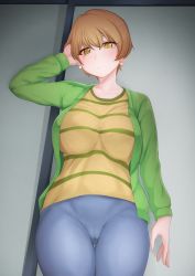 Rule 34 | 1girl, arm up, breasts, brown hair, cameltoe, cleft of venus, earrings, fate/stay night, fate (series), fujimura taiga, hand in own hair, hand on own head, jacket, jewelry, large breasts, looking at viewer, sadahiro (chicken nugget gyuuniku aji), shirt, short hair, solo, striped clothes, striped shirt, stud earrings, yellow eyes