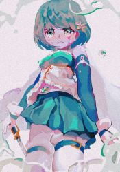 Rule 34 | 1girl, bare shoulders, blue hair, blue skirt, blue sleeves, crying, crying with eyes open, dress, fortissimo, from below, gloves, hair between eyes, hair ornament, looking at viewer, magical girl, mahou shoujo madoka magica, mahou shoujo madoka magica (anime), medium hair, mi yoshifu, miki sayaka, musical note, musical note hair ornament, noise, short sleeves, skirt, tears, white gloves