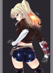 Rule 34 | 1girl, ass, player character (mabinogi), blonde hair, blue eyes, boots, cropped jacket, elf, fiery hair, from behind, glasses, gloves, looking back, mabinogi, midriff, multicolored hair, nksk, pointy ears, shiny clothes, short shorts, shorts, side ponytail, solo, standing, thigh boots, thighhighs