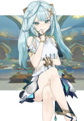 Rule 34 | 1girl, angry, aqua hair, arm under breasts, bare shoulders, blue hair, blush, bracelet, breasts, closed mouth, crossed legs, dress, faruzan (genshin impact), feet out of frame, female focus, furrowed brow, genshin impact, hair between eyes, hair ornament, highres, jewelry, legs, light blush, long hair, looking at viewer, maxwelzy, multicolored clothes, multicolored dress, no legwear, sitting, small breasts, solo, symbol-shaped pupils, thighs, triangle-shaped pupils, twintails, white dress, x hair ornament