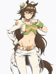 Rule 34 | 1girl, absurdres, animal ears, black eyes, breasts, brown gloves, brown hair, choker, closed mouth, clothes pull, collarbone, commentary request, gloves, groin, hair between eyes, hand on own chest, hand on own hip, hat, head tilt, highres, horse ears, horse girl, horse tail, long hair, looking at viewer, lowleg, medium breasts, midriff, mini hat, momihige, mr. c.b. (umamusume), mr c b, navel, pants, pants pull, simple background, single glove, smile, solo, standing, tail, umamusume, very long hair, white background, white hat, white pants
