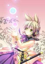 Rule 34 | 1girl, arms up, belt, bracelet, facing away, gradient background, headphones, jewelry, leaf, leaf background, leaning back, light brown hair, light particles, light smile, looking up, ribbon, shirt, skirt, sleeveless, sleeveless shirt, solo, sword, takatsukasa yue, touhou, toyosatomimi no miko, weapon, yellow eyes