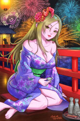 1girl alcohol angel_slime bare_shoulders barefoot blonde_hair breasts cleavage colored_skin commentary_request cup dragon_quest dragon_quest_x earrings fireworks floral_print flower gratzel_(dq10) hair_flower hair_ornament holding holding_cup japanese_clothes jewelry kimono large_breasts light_blush long_hair looking_at_viewer night parted_lips pink_skin sake signature sitting solo torii ur_(wulfa) water yellow_eyes yukata