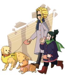 Rule 34 | 10s, 1boy, 1girl, absurdres, all might, animal, animal collar, artist request, black pants, black sclera, blonde hair, blue eyes, blue scarf, boku no hero academia, boots, brown eyes, brown footwear, closed mouth, coat, collar, colored sclera, commentary, couple, diathadevil, dog, pet walking, from side, golden retriever, green eyes, green hair, green scarf, grin, happy, height difference, highres, holding hands, jacket, jewelry, looking ahead, looking down, matching hair/eyes, midoriya inko, open mouth, pants, pink vest, purple jacket, red footwear, ring, scarf, shoes, side-by-side, simple background, size difference, smile, teeth, tongue, tongue out, topknot, twitter username, two side up, vest, walking, wedding ring, welsh corgi, white background, yagi toshinori, yellow vest