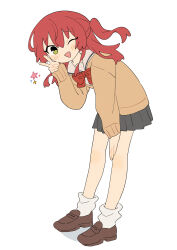 Rule 34 | 1girl, bocchi the rock!, bow, bowtie, brown cardigan, cardigan, full body, green eyes, hand on own knee, highres, kita ikuyo, leaning forward, loafers, loose socks, nakkasu, no nose, one eye closed, one side up, pleated skirt, red bow, red hair, school uniform, shoes, shuka high school uniform, skirt, socks, solo, sparkle, v, white background