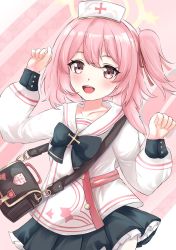 Rule 34 | 1girl, bag, blue archive, blush, clenched hands, collarbone, hair between eyes, halo, handbag, hat, highres, looking at viewer, nurse, nurse cap, open mouth, pink eyes, pink hair, serina (blue archive), simple background, solo, umidemi