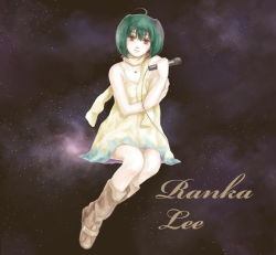 Rule 34 | 00s, 1girl, ahoge, cable, character name, full body, green hair, invisible chair, jewelry, legs together, macross, macross frontier, md5 mismatch, microphone, necklace, rakuen, ranka lee, short hair, sitting, solo