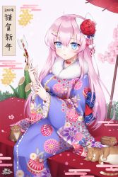 Rule 34 | 1girl, 2019, animal, arrow (projectile), bamboo, bell, blue eyes, blue kimono, blush, boar, cat, chinese zodiac, commentary request, egasumi, floral print, flower, frilled sleeves, frills, fur collar, hair between eyes, hair flower, hair ornament, hairclip, hamaya, highres, holding, holding arrow, japanese clothes, jingle bell, kimono, long hair, long sleeves, looking at viewer, nengajou, new year, oil-paper umbrella, original, parted lips, pink flower, pink hair, pong (vndn124), print kimono, red flower, red rose, red umbrella, rose, signature, solo, umbrella, very long hair, year of the pig