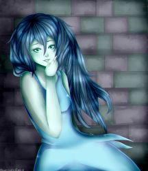 Rule 34 | 1girl, artist name, blue hair, dress, green eyes, highres, long hair, looking at viewer, majesticfuckingeagle, sidelocks, solo, spooky&#039;s house of jump scares, spooky (shojs)