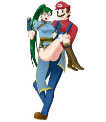 Rule 34 | 1boy, 1girl, ass, blue eyes, blush, boots, breasts, brown hair, carrying, embarrassed, fire emblem, fire emblem: the blazing blade, gloves, green eyes, green hair, hat, legs, long hair, looking at another, lyn (fire emblem), mario, mario (series), nintendo, overalls, pelvic curtain, pontytail, ponytail, princess carry, super mario bros. 1, surprised
