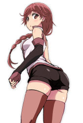 Rule 34 | 10s, 1girl, :o, ass, bad id, bad pixiv id, bare shoulders, beaver (artist), braid, elbow gloves, fingerless gloves, gloves, hai to gensou no grimgar, hair over shoulder, long hair, looking at viewer, red eyes, red hair, shorts, single braid, solo, thighhighs, yume (grimgar)