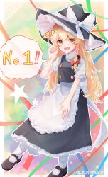 Rule 34 | 1girl, :d, apron, back bow, black footwear, black hat, black skirt, black vest, blonde hair, border, bow, braid, buttons, commentary request, crossed bangs, english text, frilled apron, frilled hat, frilled skirt, frilled sleeves, frills, full body, hair bow, hat, hat bow, highres, kirisame marisa, long hair, looking at viewer, mary janes, open mouth, puffy short sleeves, puffy sleeves, red bow, ribbon, shirt, shoes, short sleeves, side braid, single braid, skirt, skirt set, smile, socks, solo, speech bubble, star (symbol), taguno, touhou, translation request, turtleneck, vest, waist apron, white apron, white border, white bow, white ribbon, white shirt, white socks, witch hat, yellow eyes