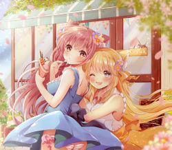 Rule 34 | 2girls, ;d, animal ear fluff, animal ears, bare shoulders, blonde hair, blue dress, blue eyes, blush, breasts, cat, cat ears, collared shirt, commentary request, day, dress, fang, flower, food, hair flower, hair ornament, hairband, holding, holding food, holding spoon, ice cream, ice cream cone, ice cream spoon, leaning on person, long hair, medium breasts, multiple girls, one eye closed, open mouth, open sign, orange eyes, orange skirt, original, outdoors, panties, petals, plant, ponytail, potted plant, red hair, sakura (ichisakupink), shirt, skirt, sleeveless, sleeveless shirt, smile, spoon, standing, storefront, striped clothes, striped panties, underwear, very long hair, white panties, white shirt