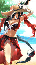 Rule 34 | 1girl, arc system works, beach, bikini, black hair, blazblue, breasts, cleavage, cloud, cloudy sky, glasses, hat, highres, hst, large breasts, litchi faye ling, long hair, navel, ocean, palm tree, ponytail, purple eyes, sarong, sky, solo, straw hat, swimsuit, tree, water