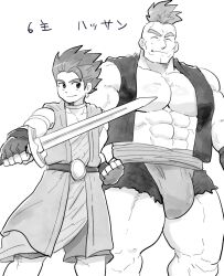 Rule 34 | 2boys, abs, bara, character request, closed mouth, dragon quest, dragon quest vi, earrings, fingerless gloves, gloves, highres, holding, holding sword, holding weapon, hoshieda (hoshinoedao), jewelry, large pectorals, looking at another, male focus, multiple boys, muscular, muscular male, navel, pectorals, short hair, smile, spiked hair, sword, thick thighs, thighs, translation request, weapon