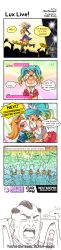 Rule 34 | 3girls, 4koma, 6+boys, absurdres, angry, aqua eyes, art shift, blonde hair, blue hair, breasts, cleavage, comic, crying, closed eyes, gradient hair, heart, highres, huge breasts, swain (league of legends), league of legends, long hair, long image, lux (league of legends), miniskirt, multicolored hair, multiple boys, multiple girls, nestkeeper, one eye closed, open mouth, screaming, short twintails, skirt, sona (league of legends), tall image, tears, twintails