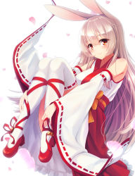 Rule 34 | 1girl, absurdres, animal ears, breasts, brown eyes, brown hair, rabbit ears, detached sleeves, highres, japanese clothes, kimono, kkommy, large breasts, long hair, original, red footwear, ribbon, shoes, smile, solo, thighhighs, white background