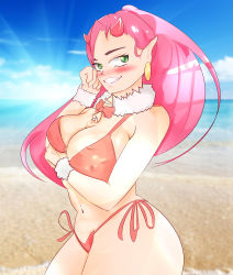 Rule 34 | 10s, 1girl, absurdres, asymmetrical breasts, beach, bikini, blush, bow, bowtie, breasts, cleavage, covered erect nipples, curvy, darling in the franxx, day, green eyes, grin, highleg, highleg bikini, highres, horns, large breasts, long hair, looking at viewer, outdoors, pink hair, pointy ears, red bikini, red bow, red bowtie, self-upload, side-tie bikini bottom, smile, solo, summer, swimsuit, thick thighs, thighs, very long hair, zero two (darling in the franxx)