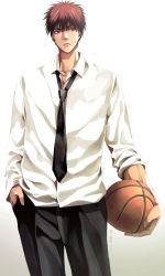 Rule 34 | 1boy, ball, basketball, basketball (object), black necktie, black pants, chinese commentary, collared shirt, eyebrows, formal, frown, highres, holding, holding ball, jacket, unworn jacket, kagami taiga, kuroko no basuke, looking away, male focus, necktie, pants, red eyes, red hair, shirt, short hair, sleeves rolled up, solo, white shirt, xuan zhi yue ying