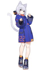 Rule 34 | :o, animal ears, blue coat, cat ears, cat tail, chorefuji, clenched hands, coat, eyelashes, full body, hands up, head tilt, knees, long sleeves, looking at viewer, medium hair, open mouth, orange socks, original, paw pose, shoes, socks, standing, tail, white background, white hair
