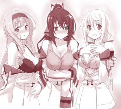 Rule 34 | 10s, 3girls, bare shoulders, blush, bra, breasts, cecilia alcott, charlotte dunois, cleavage, drill hair, hairband, himura kiseki, infinite stratos, large breasts, lingerie, long hair, looking at viewer, looking away, monochrome, multiple girls, off shoulder, open clothes, open shirt, ponytail, shinonono houki, shirt, shy, sports bra, underwear, uniform