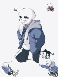 1boy ayan_bu_ke_yao black_shorts blue_eyes blue_jacket cowboy_shot grin highres hood hood_down hooded_jacket jacket looking_at_viewer multiple_views sans_(undertale) shirt shorts simple_background skeleton smile undertale white_background white_shirt