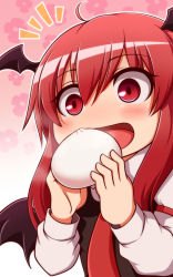 Rule 34 | 1girl, :d, ahoge, bat wings, blush, chibi, commentary request, dumpling, food, head wings, highres, holding, holding food, koakuma, long sleeves, open mouth, red eyes, red hair, smile, solo, tottsuman, touhou, upper body, wings