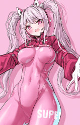Rule 34 | 1girl, alice (nikke), blush, bodysuit, breasts, covered navel, gloves, goddess of victory: nikke, highres, long hair, looking at viewer, medium breasts, open mouth, pink background, pink bodysuit, pink hair, simple background, solo, takanashi kei (hitsujikan), twintails, white gloves