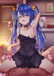 Rule 34 | 1boy, 1girl, absurdres, ahoge, amamiya kokoro, arm behind head, armpits, bar censor, bell, black panties, blue hair, blush, breasts, censored, choker, condom, condom packet strip, condom wrapper, cowgirl position, crotchless, crotchless panties, eromegane3103, girl on top, hair bell, hair ornament, heart, hetero, highres, long hair, looking at viewer, navel, nijisanji, nipples, one breast out, panties, pov, see-through, sex, sitting, sitting on person, small breasts, smile, straddling, tongue, tongue out, twintails, underwear, vaginal, virtual youtuber, yellow eyes