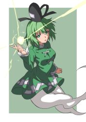 Rule 34 | 1girl, black hat, cross-laced clothes, dress, electricity, ghost tail, green dress, green eyes, green hair, gyouza (mhea5724), hat, highres, long sleeves, ofuda, ofuda on clothes, open mouth, short hair, soga no tojiko, solo, tate eboshi, touhou