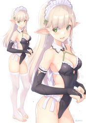 Rule 34 | 1girl, blonde hair, blunt bangs, breasts, cleavage cutout, clothing cutout, dan (kumadan), detached collar, elf, full body, green eyes, highres, long hair, looking at viewer, maid, medium breasts, mole, mole on breast, original, pointy ears, simple background, skindentation, smile, solo, standing, stirrup legwear, thighhighs, toeless legwear, wet, wet clothes, white background, white thighhighs
