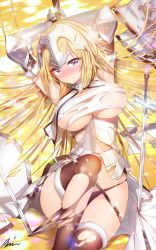 Rule 34 | 1girl, aile (crossroads), armor, arms up, black thighhighs, blonde hair, breasts, fate/apocrypha, fate/grand order, fate (series), female focus, gauntlets, headpiece, highres, jeanne d&#039;arc (fate), jeanne d&#039;arc (ruler) (fate), jeanne d&#039;arc (third ascension) (fate), large breasts, long hair, looking at viewer, lying, on back, planted, planted sword, planted weapon, purple eyes, restrained, revision, shield, shirt, skindentation, solo, sword, thighhighs, thighs, torn clothes, torn shirt, torn thighhighs, underboob, weapon