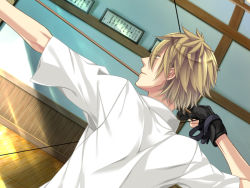 Rule 34 | 1boy, aiming, archery, arrow (projectile), black gloves, bow (weapon), drawing bow, from behind, game cg, gloves, holding bow (weapon), indoors, male focus, miyaji ryunosuke, outstretched arm, partially fingerless gloves, shirt, short sleeves, solo, starry sky (game), weapon, white shirt