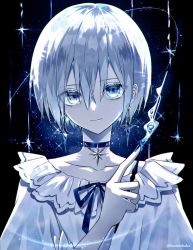 Rule 34 | 1boy, black background, black neckwear, closed mouth, collarbone, earrings, heterochromia, highres, jewelry, kazunehaka, light smile, looking at viewer, nail polish, original, pointing, pointing up, portrait, shirt, short hair, silver hair, solo, star ornament, white shirt
