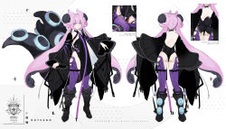 Rule 34 | 1girl, absurdres, arm at side, armored boots, back, backless outfit, boots, character sheet, full body, hand up, highleg, highleg leotard, highres, knee boots, leotard, long hair, long sleeves, multiple views, open mouth, original, pink hair, purple eyes, purple thighhighs, shokuen (oxstl), sketch, standing, tentacle hair, tentacles, thigh strap, thighhighs, turnaround, wide sleeves
