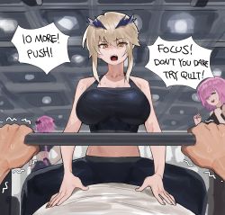 Rule 34 | 2boys, 2girls, absurdres, alternate costume, artoria pendragon (fate), artoria pendragon (lancer alter) (fate), astolfo (fate), black pants, black tank top, blonde hair, breasts, closed eyes, commentary, english commentary, english text, engrish text, exercising, fate/grand order, fate (series), girl on top, gym, hair between eyes, highres, hood (james x), large breasts, long hair, looking at viewer, mash kyrielight, multiple boys, multiple girls, open mouth, pants, pink hair, pov, pov hands, ranguage, short hair, sidelocks, sitting, sitting on person, tank top, teeth, trembling, weightlifting, yellow eyes