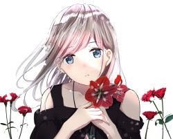 Rule 34 | 1girl, black dress, blue eyes, collarbone, commentary, dress, flower, green hair, light particles, long hair, looking at viewer, original, parted lips, portrait, red flower, schreibe shura, simple background, solo, white background
