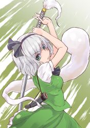 Rule 34 | 1girl, black hairband, black ribbon, breasts, commentary request, cowboy shot, dated, fighting stance, ghost, green background, green eyes, green skirt, green vest, grey hair, hair ribbon, hairband, highres, hitodama print, katana, kei jiei, konpaku youmu, konpaku youmu (ghost), looking at viewer, looking back, medium breasts, open mouth, puffy short sleeves, puffy sleeves, ribbon, scabbard, sheath, shiny skin, shirt, short hair, short sleeves, skirt, skirt set, solo, sword, touhou, vest, weapon, white background, white shirt
