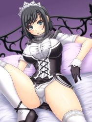 Rule 34 | 1girl, abu, alternate costume, bed, black gloves, black hair, black panties, blue eyes, blush, breasts, gloves, headdress, highres, large breasts, looking at viewer, lying, nel zelpher, on back, panties, pillow, purple background, short hair, solo, square enix, star ocean, star ocean till the end of time, thighhighs, underwear, white panties, white thighhighs